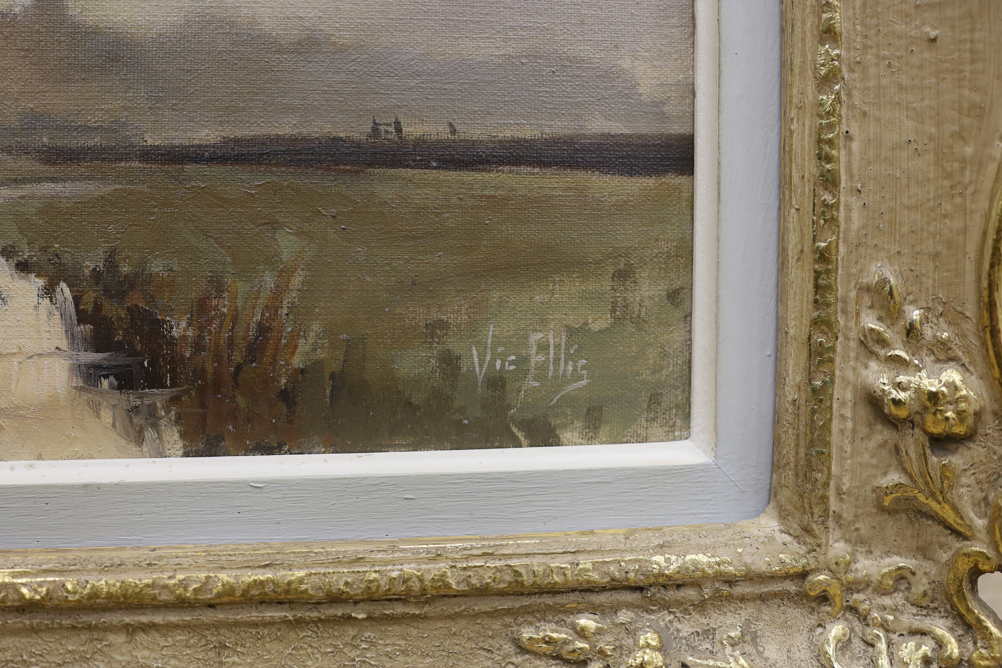 Vic Ellis (1921-1984) oil on canvas, landscape with farm buildings, signed, 24 x 39cm, ornate gilt frame